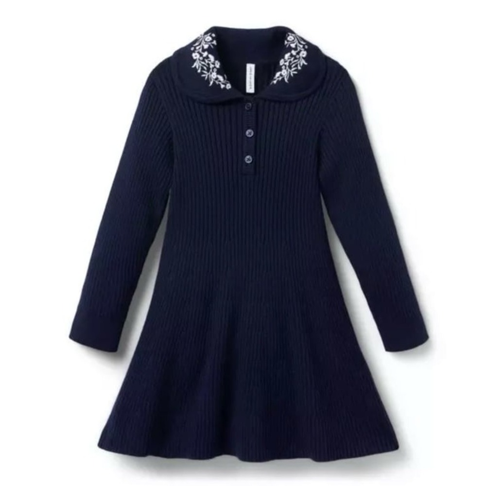 Janie and Jack Girls Maritime Navy Embroidered Floral Collar Sweater Dress Sz 12